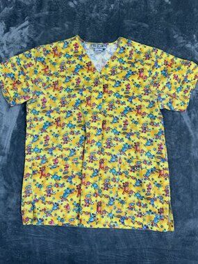 TLC Womens Yellow Cartoon Animal Print V-Neck Scrub Top M
